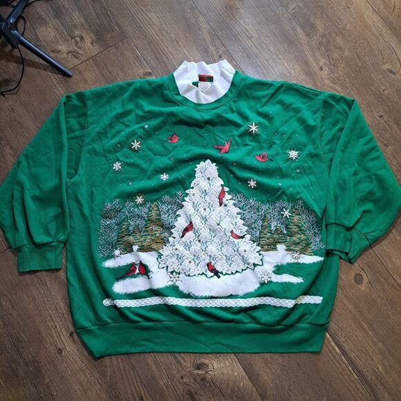 VTG Christmas Snow Tree Sweatshirt Cardinal Puffy Granny Womens 2X USA READ - Picture 1 of 8